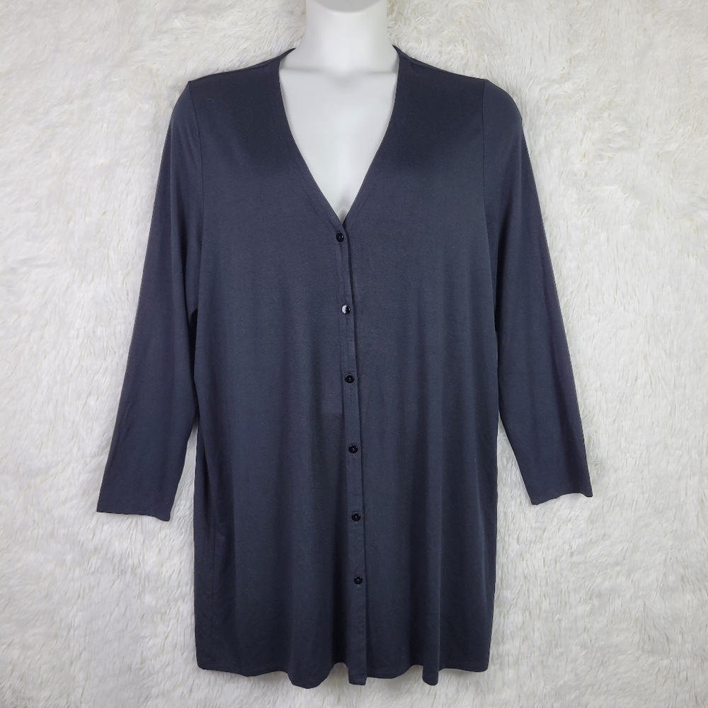 NWT J Jill XL Wearever Black Button Up Collarless Shirt Dress Minimalist Lounge